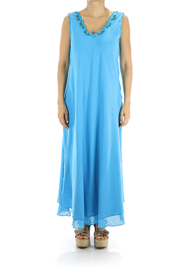 Long Blue Cotton Dress With Crochet a Mano Artesanal WOMEN