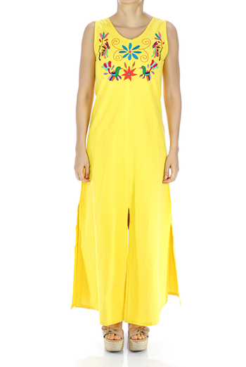 Yellow Color Elegant Handmade Embroidered Cotton Dress WOMEN