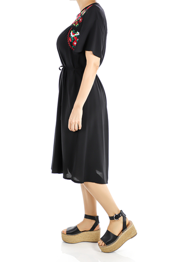 Knee Length Black Cotton Dress With Embroidery WOMEN