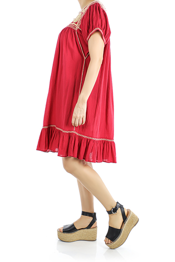 Red Beige Handmade Embroidered Pure Linen Dress WOMEN