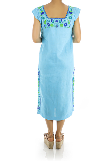 Aqua Colored Linen Dress With Handmade Embroidery DRESSES