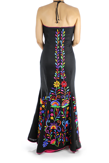 Vestido de Lino Negro Con Bordado Artesanal Exclusivo de Keten VESTIDOS