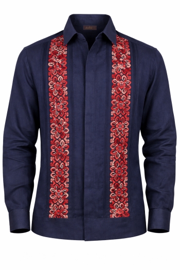 Guayabera Fina de Lino Azul con Bordados Rojos Vallarta GUAYABERAS 