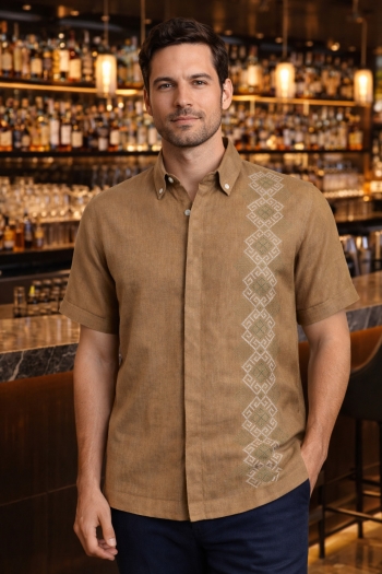 Pure Linen Brown Color Embroidered Short Sleeve Shirt SHIRTS