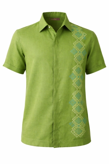 Green Pure Linen Embroidered Shirt Short Sleeve SHIRTS
