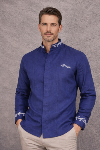Camisa de Lino Color Azul Marino Bordado Artesanal Para Boda CAMISAS