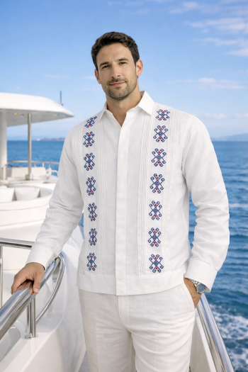 Guayabera De Lino Italiano Blanco Bordado a Mano GUAYABERAS 