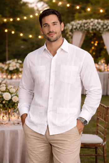 Classic Style 4 Pocket White Cotton Guayabera GUAYABERAS