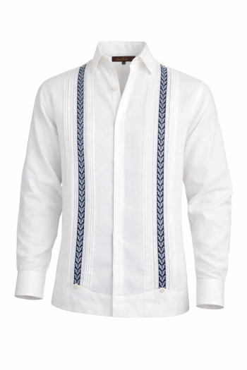 Guayabera de Lino Blanco Con Bordado a Mano Color Azul Marino GUAYABERAS 