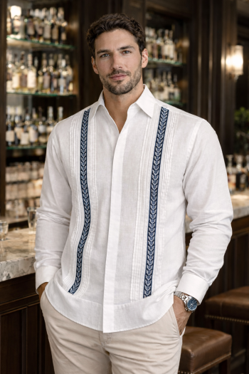 Guayabera de Lino Blanco Con Bordado a Mano Color Azul Marino GUAYABERAS 