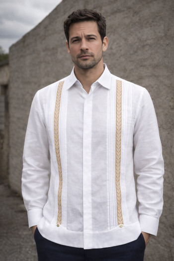 Guayabera de Lino Con Bordado Color Caqui GUAYABERAS 