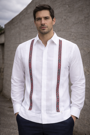 Guayabera de Lino Con Bordado a Mano Color Rojo Jaspeado GUAYABERAS 
