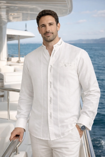 100% Organic Linen Dress Shirt with Handmade Machine Embroidery MEN