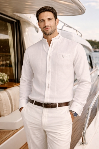 100% Organic Linen Dress Shirt with Handmade Machine Embroidery MEN