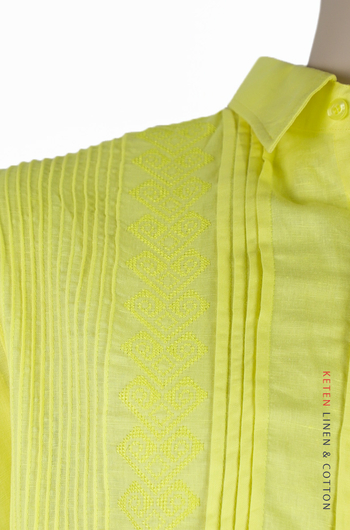 Camisa Color Amarillo Bordado De Lino Algodon Manga Corta CAMISAS