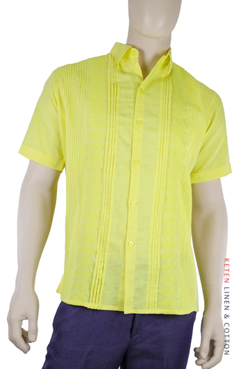 Camisa Color Amarillo Bordado De Lino Algodon Manga Corta CAMISAS