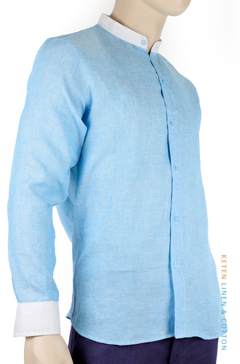 Cuello Mao Camisa de Lino 100% Color Azul Jaspeado CAMISAS