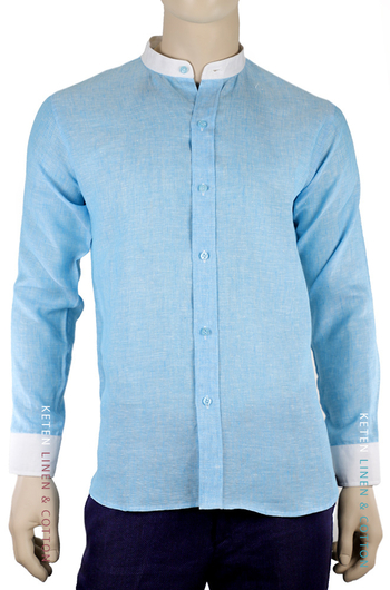 Cuello Mao Camisa de Lino 100% Color Azul Jaspeado CAMISAS