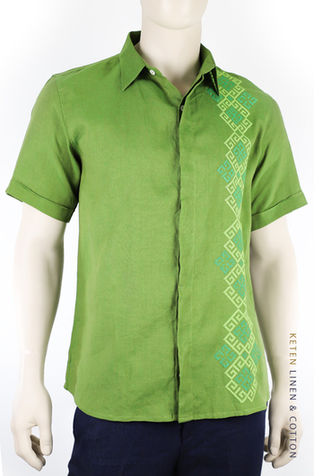 Camisa Bordado De Lino Natural Verde De Manga Corta CAMISAS