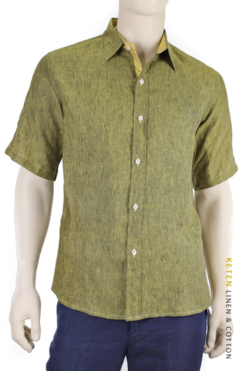 100% Linen Shirt Brown Green Effect Short Sleeve SHIRTS