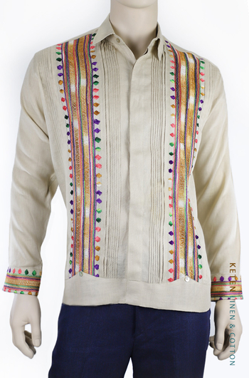 Handmade Beige Guayabera Linen With Hand Embroidered GUAYABERAS