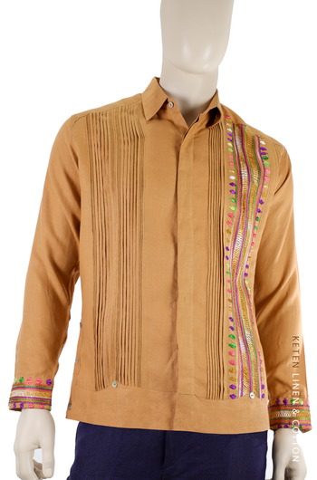 Guayabera Color Naranja Hecho a Mano De Lino Con Bordado A Mano GUAYABERAS 