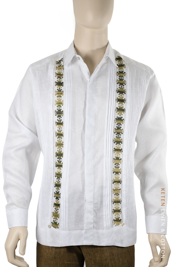 Pattern Embroidered White Irish Linen Guayabera GUAYABERAS