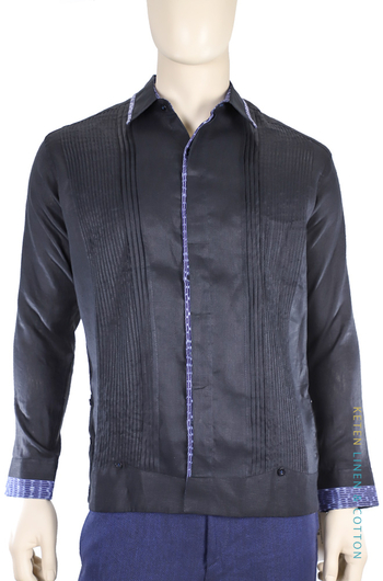 Guayabera Lino Negro Hecho a Mano con Combinacion de Telar GUAYABERAS 