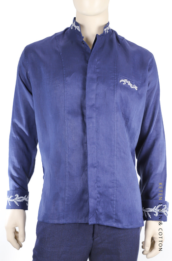 Camisa de Lino Color Azul Marino Bordado Artesanal Para Boda CAMISAS
