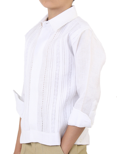 Guayabera 100% Lino con Alforzas y Encaje Manga Larga Blanco GUAYABERAS