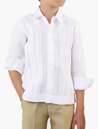 Guayabera 100% Linen with Tucks and Lace Long Sleeve White GUAYABERAS