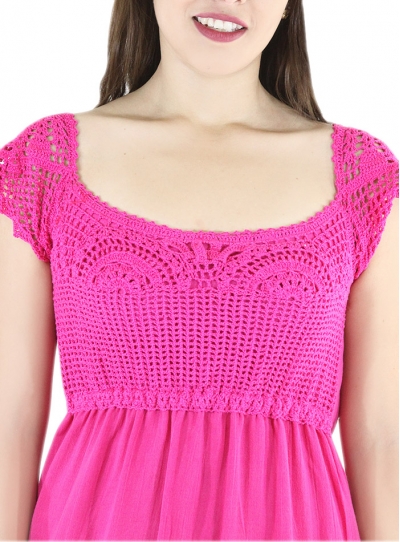 Vestido de Algodon Crochet a Mano Color Fucsia Rosa VESTIDOS