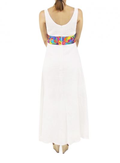 Long White Linen Dress with Embroidery on Waistline DRESSES