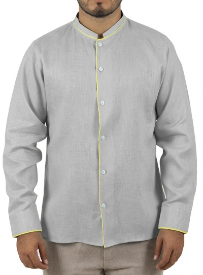 Camisa de Lino Color Gris con Detalles en Amarillo CAMISAS