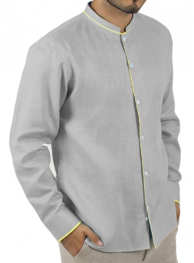 Camisa de Lino Color Gris con Detalles en Amarillo CAMISAS