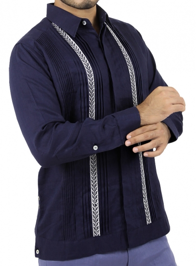 Pattern Embroidered Blue Irish Linen Guayabera Shirt GUAYABERAS