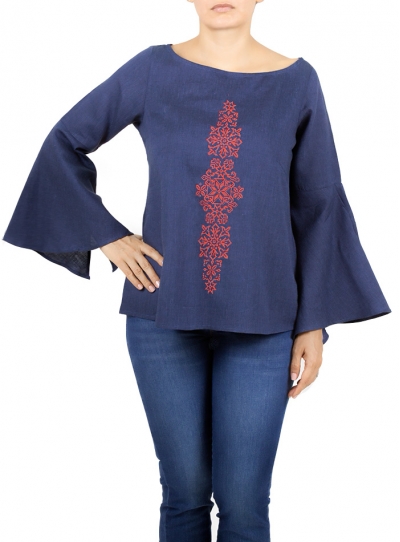 Marine Blue Color Linen Embroidered Top TOPS