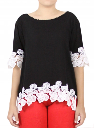 Blusa De Algodón Color Negro Con Encaje BLUSAS