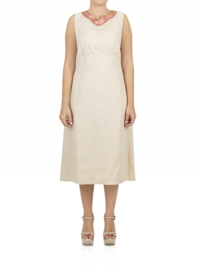 Short Beige Linen Dress with Embroidery DRESSES