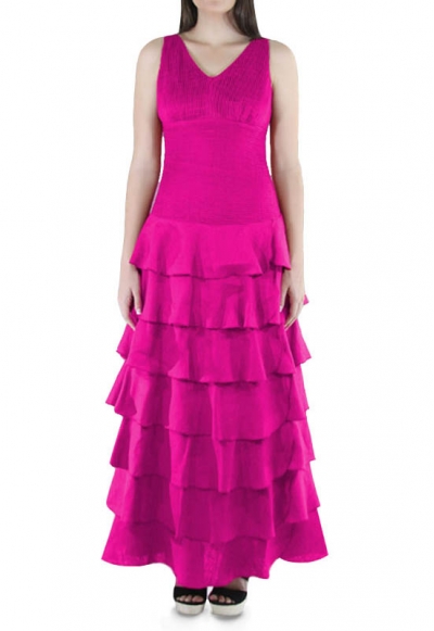 Vestido Con Olanes Color Fucsia Lino 100% VESTIDOS