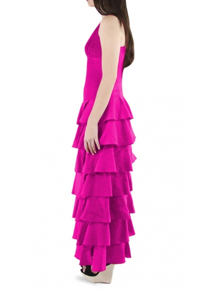 Vestido Con Olanes Color Fucsia Lino 100% VESTIDOS