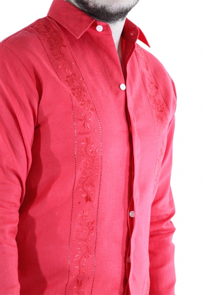 Camisa de Lino 100% Bordado Color Coral