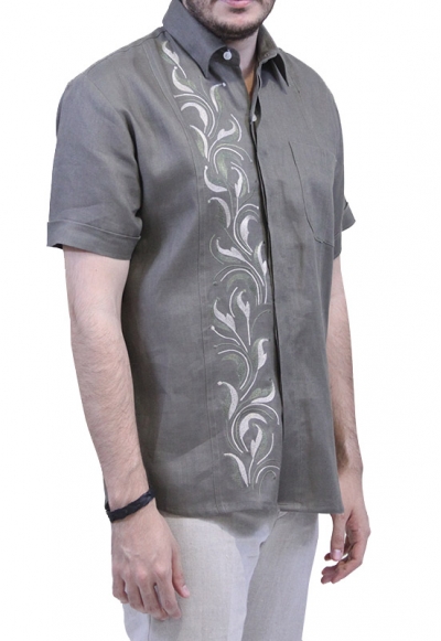 Camisa de Lino Con Bordado Artesanal Color Pardo Verde CAMISAS
