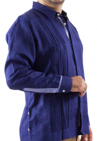 Guayabera Blue Combined Cotton Linen With Leads GUAYABERAS