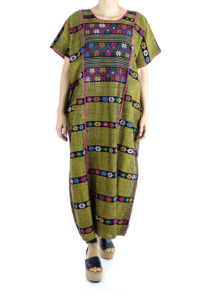 Vestido Tradicional Mexicano De Telar de Cintura Color Verde Huipil Extra Fino MUJER