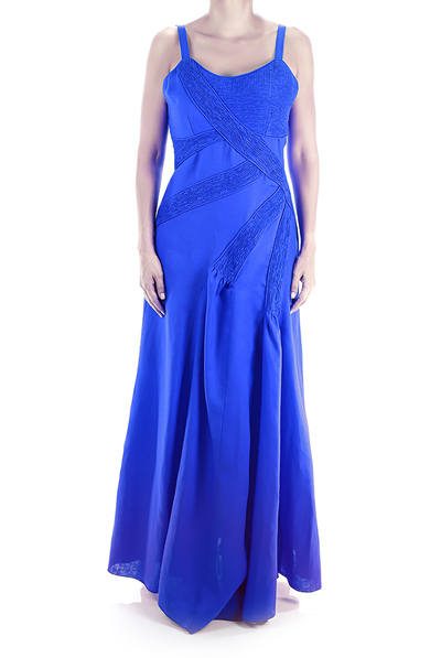 100% Pure Linen Maxi Dress With Pleats Royal Blue DRESSES