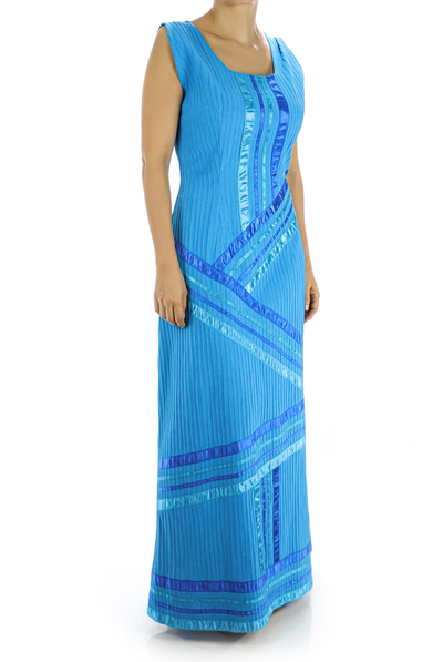 Long Blue Cotton Dress With Ribbon WOMEN