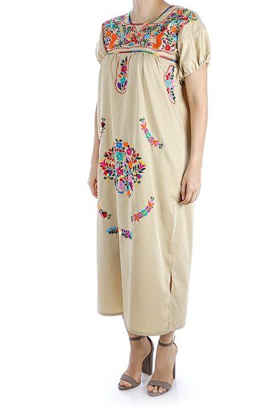 Beige Color Handmade Embroidered Cotton Dress WOMEN