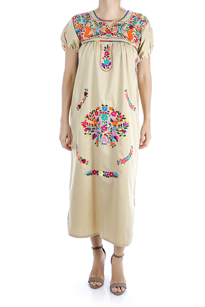 Beige Color Handmade Embroidered Cotton Dress WOMEN