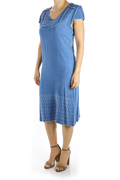 Knee Length Dress Features a Beautiful Denim Fabric and Embroidery WOMEN
